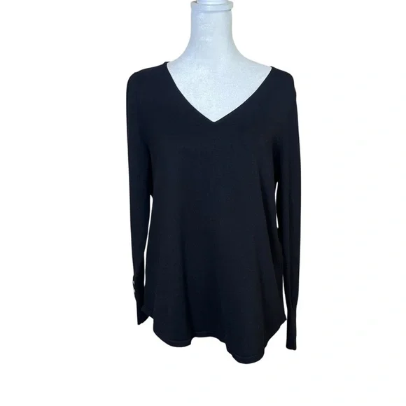 CHICO’S V-Neck Basic Pullover Light Sweater Ella Spun Rayon Sz 1 US Medium Black - Picture 2 of 10